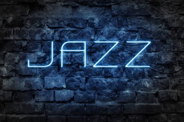 Eski tuğla duvarın Neon Yazıtı Jazz arka planı.