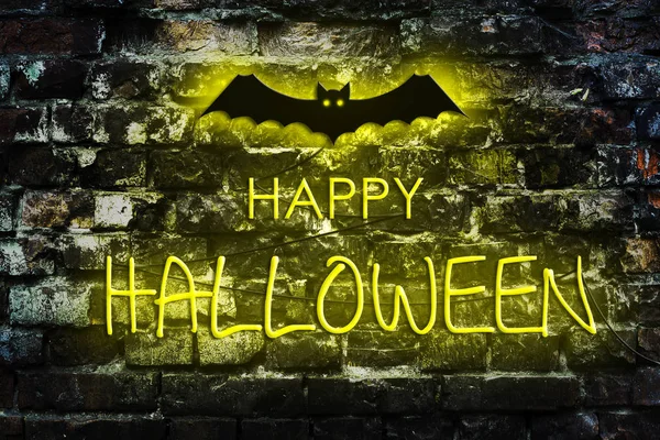 Neon Inscriptie Happy Halloween Achtergrond Van Een Oude Muur Feestelijke — Stockfoto