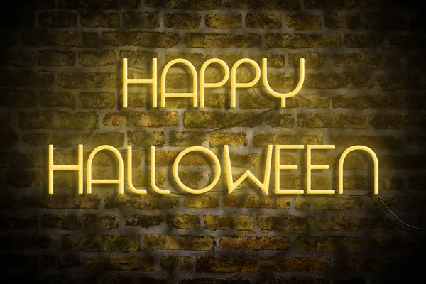 Neon Inscriptie Happy Halloween Een Bakstenen Muur Achtergrond Vakantie Achtergrond — Stockfoto