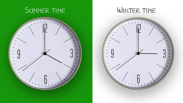 Orologio Parete Sfondo Verde Bianco Concetto Transizione Periodo Invernale Contesto — Foto Stock