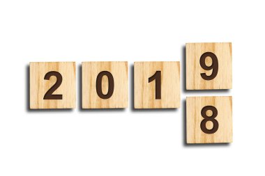 Noel arka plan. 2018, 2019. Rakamlar küp oluşur. 9 sayı 8 ile değiştirir. İzole.