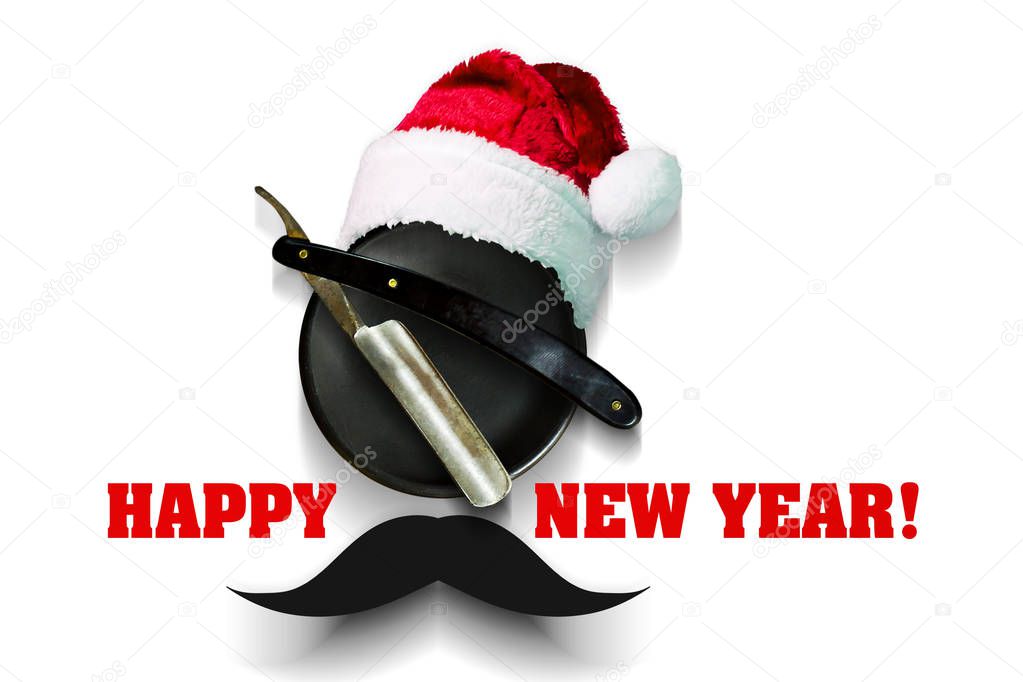 Razor on a plate for foam with a Santa Claus hat on a white background. Inscription Happy New Year. Greeting card Happy New Year and Merry Christmas for a hairdresser and barber shop.