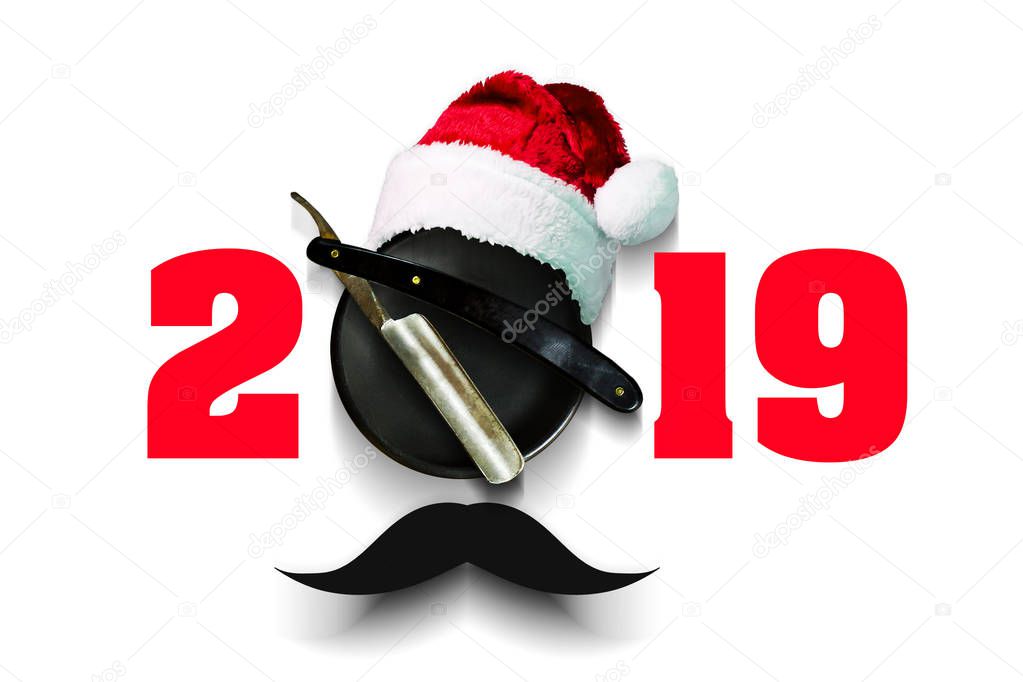Razor on a plate for foam with a Santa Claus hat on a white background. Inscription 2019. Greeting card Happy New Year and Merry Christmas for a hairdresser and barber shop.