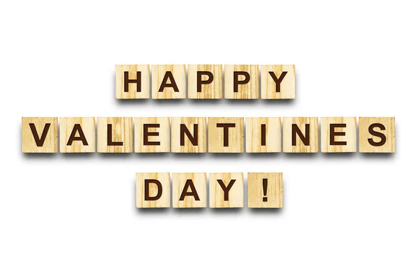 Happy Valentine Day Inscription Consists Alphabet Wooden Cubes White Background — Stock Photo, Image