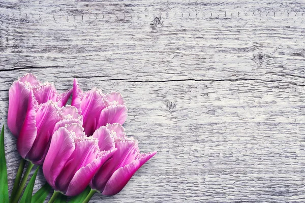 Hermosos Tulipanes Sobre Fondo Madera Copiar Espacio Día Madre Feliz — Foto de Stock