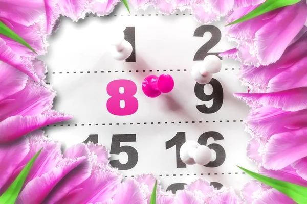 Március Jelölt Egy Gomb Naptár Keretezett Rózsaszín Tulipánok Boldog Női — Stock Fotó