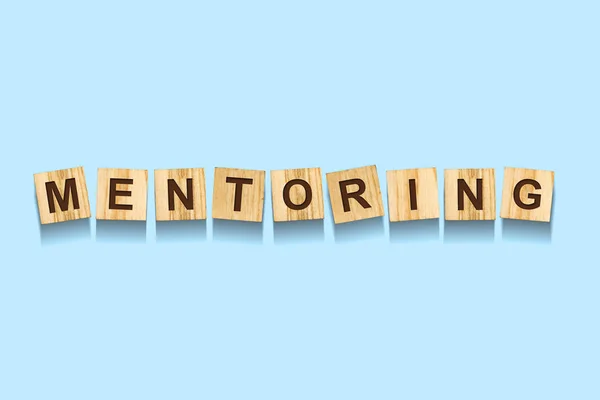 Concetto Mentoring. Parole scritte su un blocco di legno. Sfondo blu. Isolato. Affari. Leadership — Foto Stock