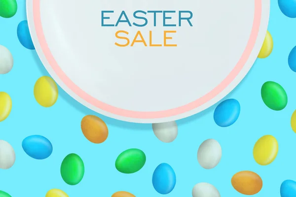 Easter sale background. White plate on the background with colorful Easter eggs. Illustration. Poster or flyer. Holiday sales. Business. — Stock Photo, Image