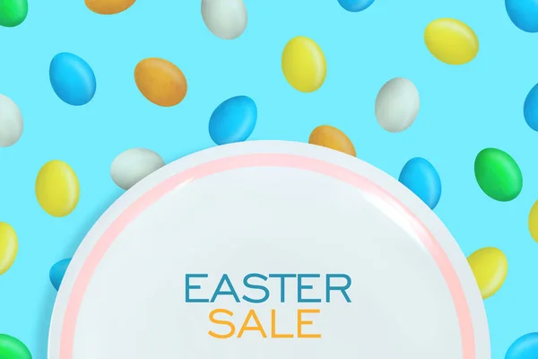 Easter sale background. White plate on the background with colorful Easter eggs. Illustration. Poster or flyer. Holiday sales. Business.