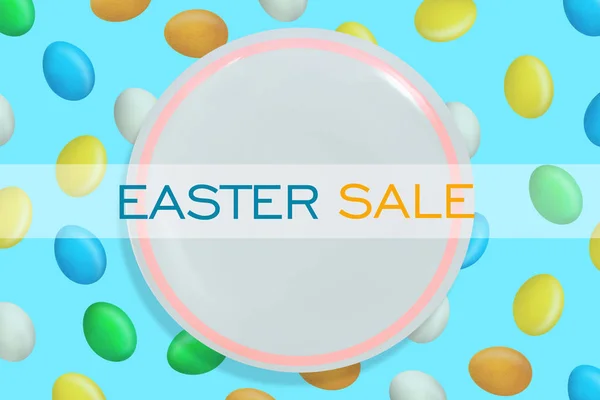 Easter sale background. White plate on the background with colorful Easter eggs. Illustration. Poster or flyer. Holiday sales. Business. — Stock Photo, Image