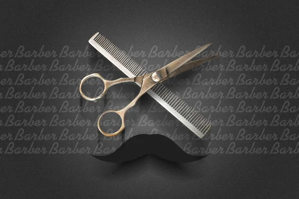 Nożyczki fryzjerskie i szczotka do włosów na ciemnym tle. Barber Shop tle. Kopiuj przestrzeń. Piękno i tło mody. — Zdjęcie stockowe