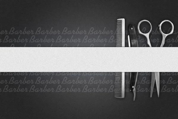 Kapper scheermes, schaar en kam op een donkere achtergrond. Beroepen. Barber Shop concept. Kopieer ruimte. Plaats voor tekst. — Stockfoto