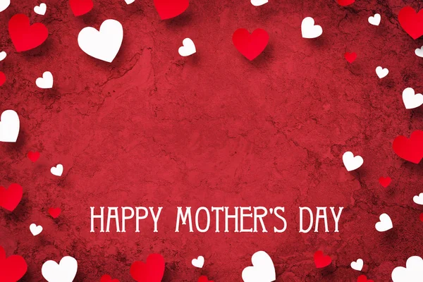 Glücklicher Muttertag, Glückwunschkarte. rote und weiße Herzen auf rotem Hintergrund. Kopierraum. — Stockfoto