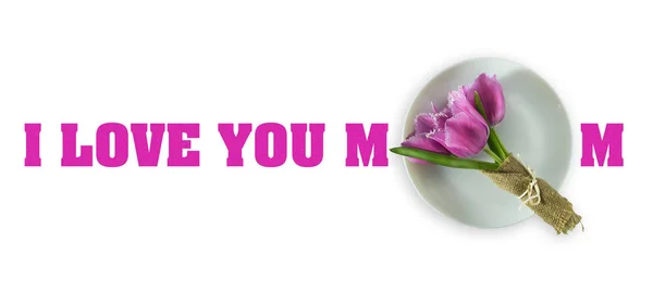 С Днем Матери, открытка с красивыми тюльпанами. Белый фон. Изолирована. Поздравительное прошлое. Праздник . — стоковое фото