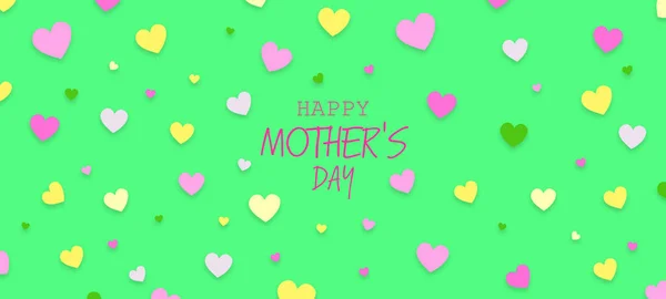 Happy Mother\'s Day, Card. olorful hearts on a green background. Greeting card. Festive banner.