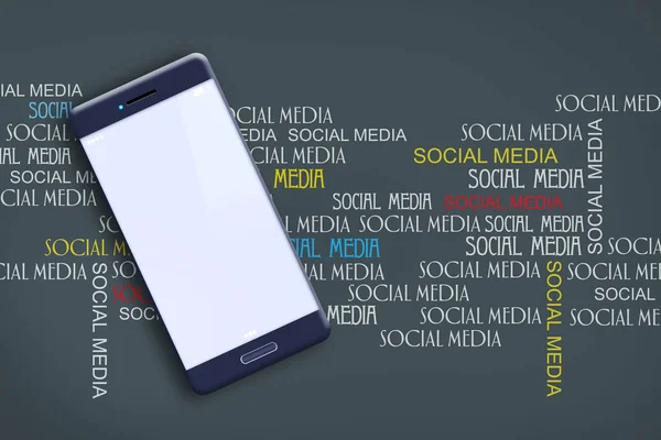 Concept Social Media. Mobile phone on the background of different inscriptions Social Media on a dark background. Social Media background. Communication.