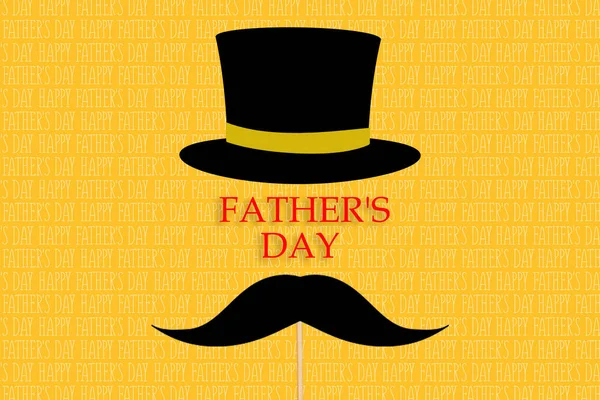 Happy father\'s day background. Hat top hat and mustache on a stick, yellow background. Congratulatory background.