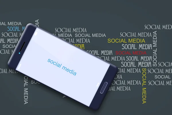 Concetto Social Media. Cellulare sullo sfondo di diverse iscrizioni Social Media su uno sfondo scuro. Esperienza sui social media. Comunicazione . — Foto Stock
