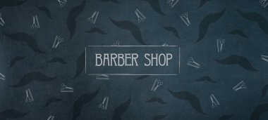 Berber Dükkanı arka plan. Birçok bıyık ve kuaför makas ve tarak simgeleri. Koyu arka plan.