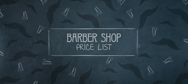 MockUp Price List Barber Shop. Mustache and hairdresser scissors and comb icons. Copy space. Place for text. Dark background.