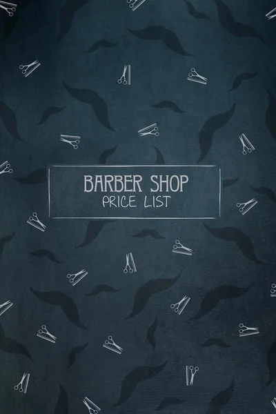 MockUp Price List Barber Shop. Mustache and hairdresser scissors and comb icons. Copy space. Place for text. Dark background.