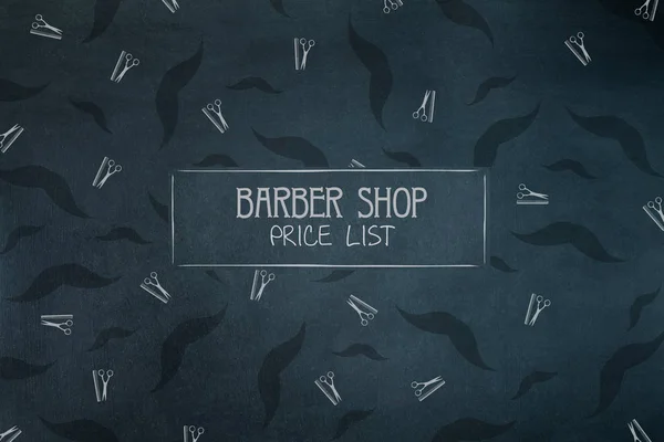 Mockup Cennik Barber Shop. Nożyczki do wąsów i fryzjera oraz ikony grzebienia. Kopiuj przestrzeń. Miejsce na tekst. Ciemne tło. — Zdjęcie stockowe