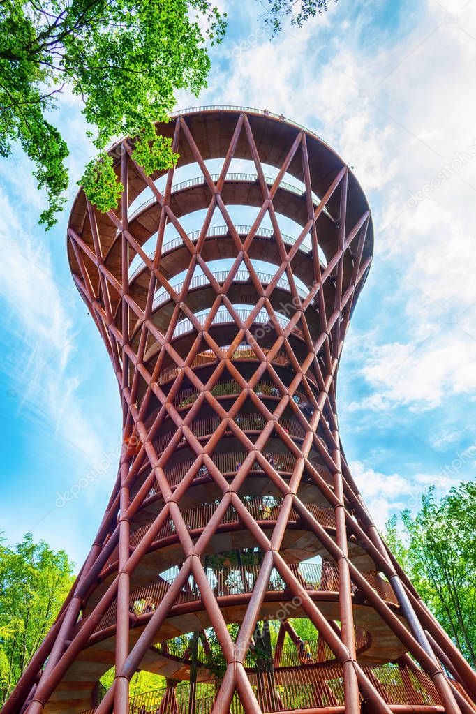 Camp Adventure Tower. Observation tower in the forest. Bottom view. Denmark. Sightseeing. Travel. Tourism.