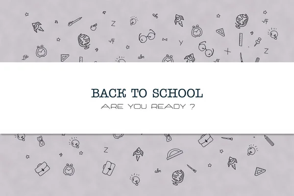 Concepto Regreso a la escuela. La inscripción sobre un fondo blanco. Varios útiles escolares dibujados a mano. Educación . —  Fotos de Stock