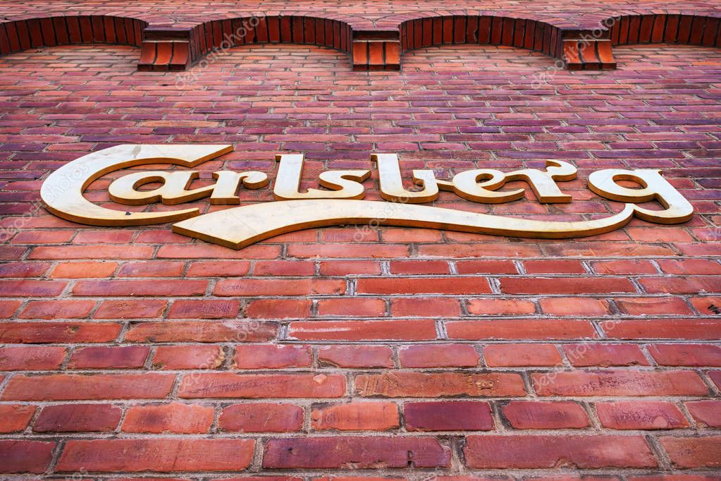 Copenhagen. Denmark. July 25, 2019. Carlsberg Brewery logo on a brick wall. Bottom View Attractions Travels