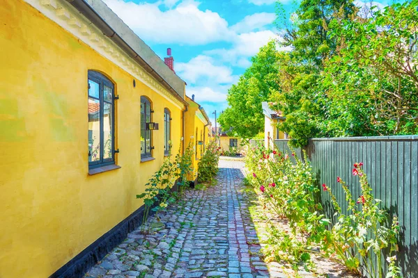 Kleine straatjes met mooie, gele oude huizen. Traditionele Scandinavische huizen. Dragor, Denemarken. Architectuur. — Stockfoto