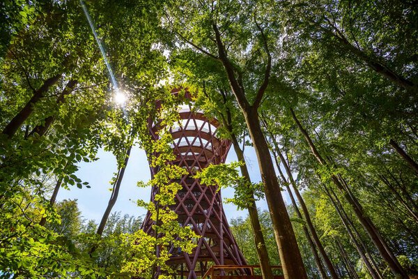 Ronnede. Denmark. July 27th. 2019 Camp Adventure Tower. Observation tower in the forest. View from below. Sightseeing. Travel. Tourism Architecture