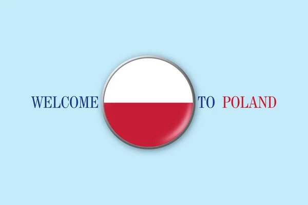 Flaga Polski Okrągłej Ikonie Niebieskim Tle Witamy Polsce Podróżuje Biznes — Zdjęcie stockowe