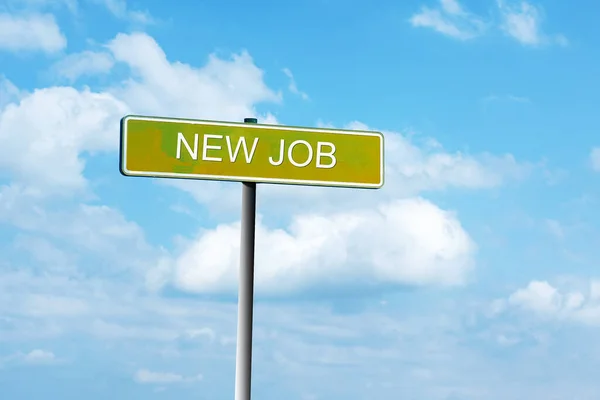 New Job. Road sign against a blue cloudy sky. The beginning of a new life. New Career.Success.