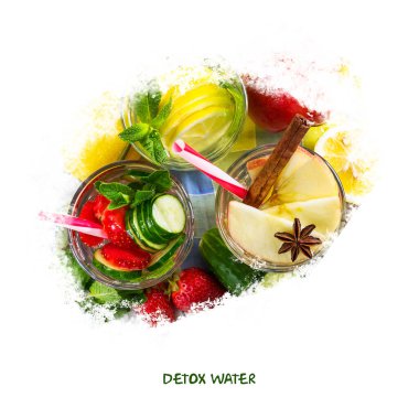 Detoks suyu. Elma, limon, nane, bardakta çilek. Beyaz bir arka planda izole edilmiş. Sağlıklı içecekler. Sağlıklı yaşam tarzı.