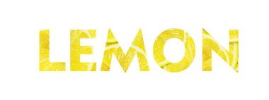 Lemon, bu yazı limon şeklinde harflerden oluşmuş. Beyaz bir arka planda izole edilmiş. Tasarım.