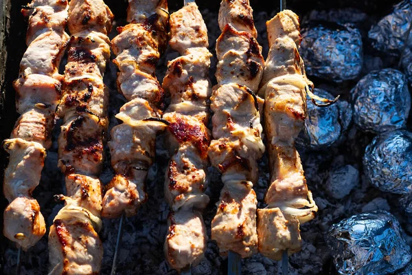 Barbecue Grill Een Picknick Een Close Rust Natuur Vlees Koken — Stockfoto