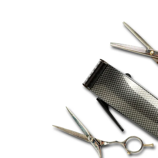 Haarschneidemaschine Und Friseurschere Vereinzelt Auf Weißem Hintergrund Friseurwerkzeuge Schönheit Und — Stockfoto