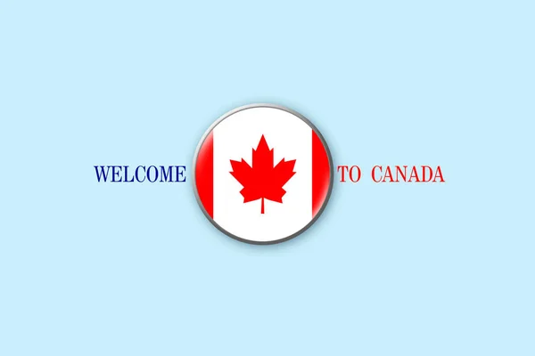 Insignia Redonda Con Bandera Canadá Sobre Fondo Azul Ilustración Bienvenido — Foto de Stock