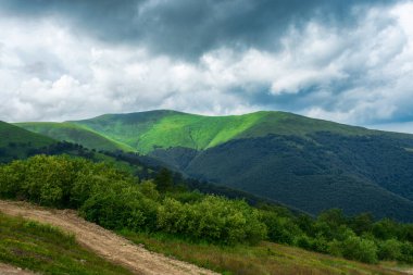 Düşük bulutlu güzel dağ manzarası. Ukrayna. Karpatlar. Eğlence Gezileri