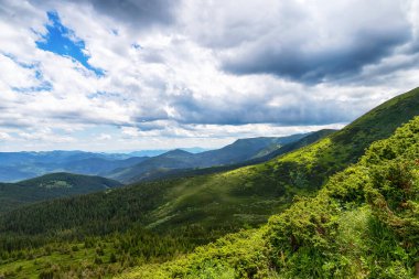 Düşük bulutlu güzel dağ manzarası. Ukrayna. Karpatlar. Eğlence Gezileri
