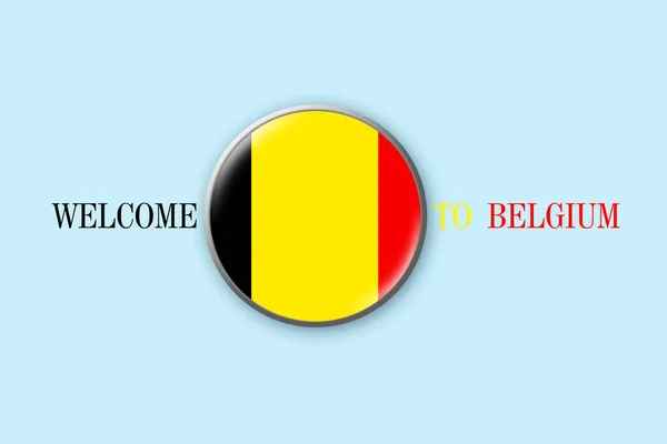 Okrągła Odznaka Flagą Belgii Niebieskim Tle Ilustracja Witamy Belgii Podróżuje — Zdjęcie stockowe