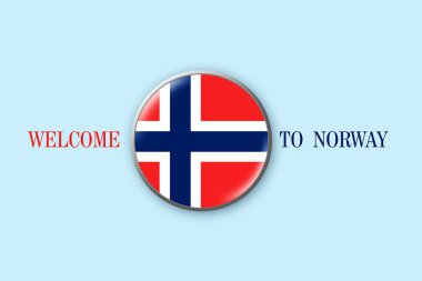 Mavi arka planda Norveç bayrağı olan yuvarlak rozet. Üç boyutlu illüstrasyon. Norveç 'e hoş geldiniz. Seyahat. İş dünyası.