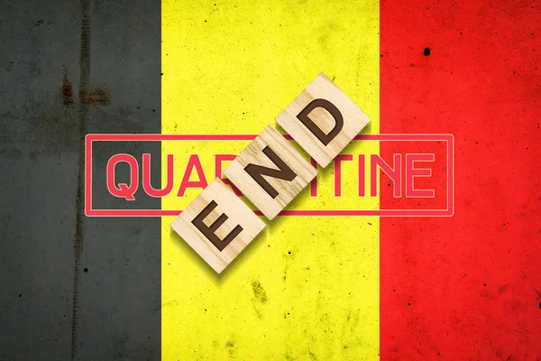 End Quarantine Inscription Wooden Blocks Background Flag Belgium End Pandemic — Stock Photo, Image