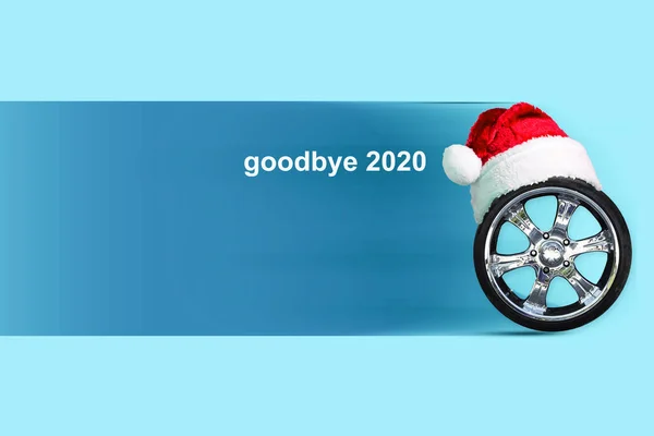 Goodbye 2020 Wheel Santa Hat Farewell Passing Year Festive Background — Stock Photo, Image