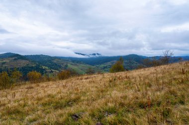 Dağ, sisin içindeki dağların arasında.