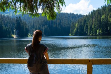 Kız güzel bir dağ gölüne bakıyor. Synevyr. Ukrayna