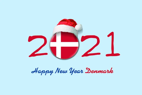 Rok 2021 Szczęśliwego Nowego Roku Dania Flaga Danii Okrągłej Odznace — Zdjęcie stockowe