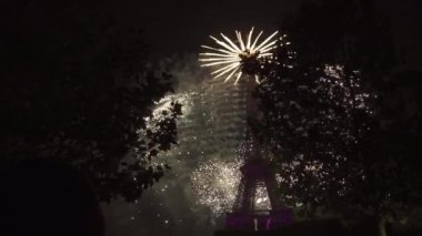 Eyfel Kulesi 3d eşleme gece gökyüzünde havai fişek patlamalar dizi göstermek