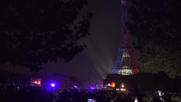 Multitud de personas disparando y tomando fotos Tricolor en la Torre Eiffel por la noche — Vídeos de Stock