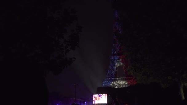 Menschen schießen und fotografieren Trikolore am Eiffelturm in der Nacht — Stockvideo